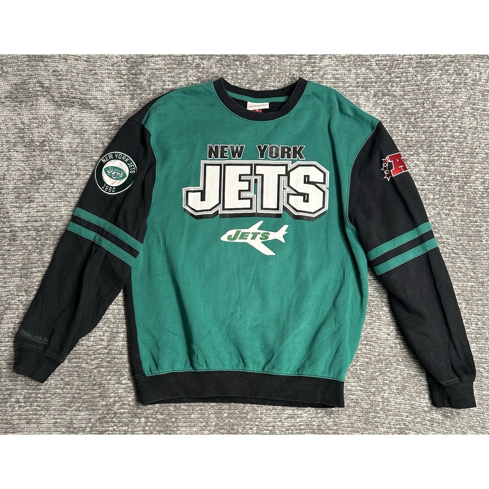 New York Jets Men's Sweatshirt Black Green L Mitchell & Ness Super Bowl Cotton